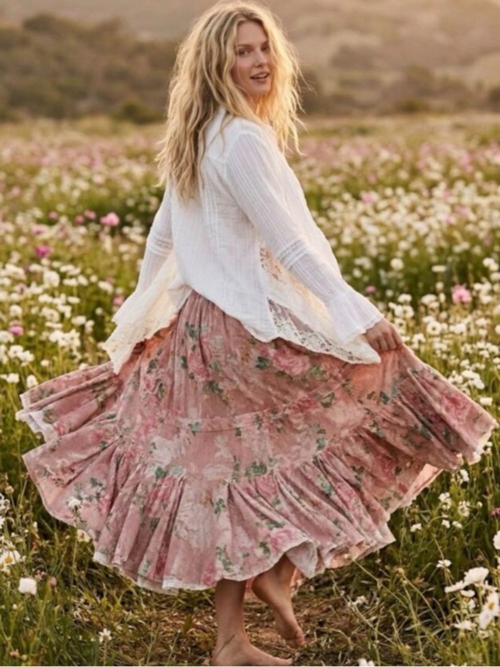 Free People Ethereal Dainty Cottage Bordeaux Floral Maxi Skirt Size Medium